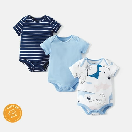 

PatPat 3-Pack Baby Girl Boy Dinosaur Print Stripe Solid Color Short-sleeve Rompers Bodysuits