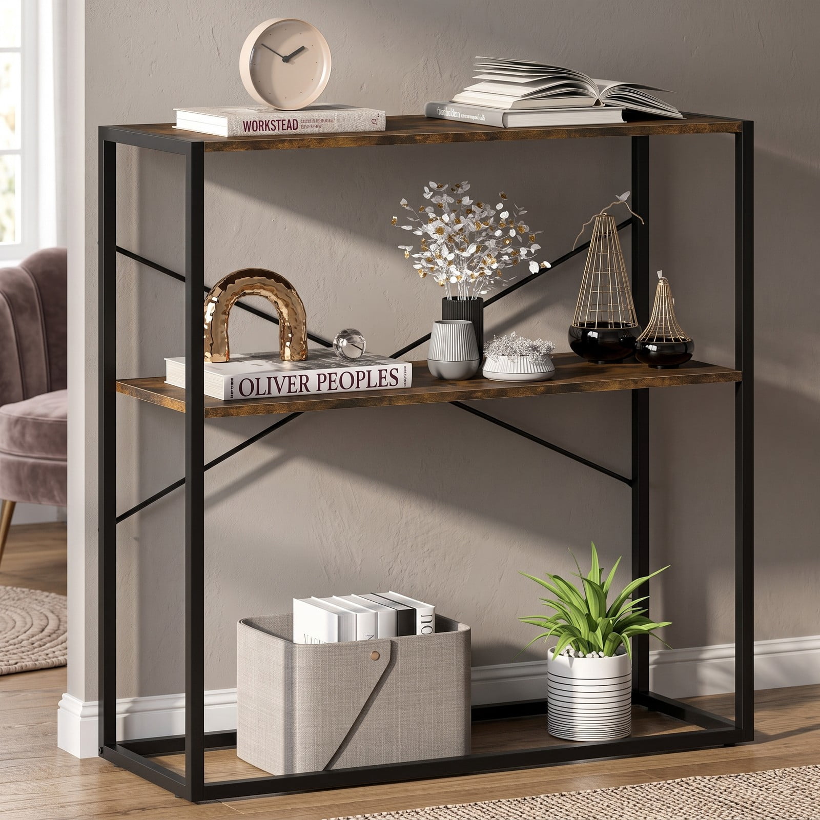 Furnibear 36 Inch Console Table 2-Tier Entryway Table with Wooden Open Shelves and Metal Frame for Hallway, Rustic Brown