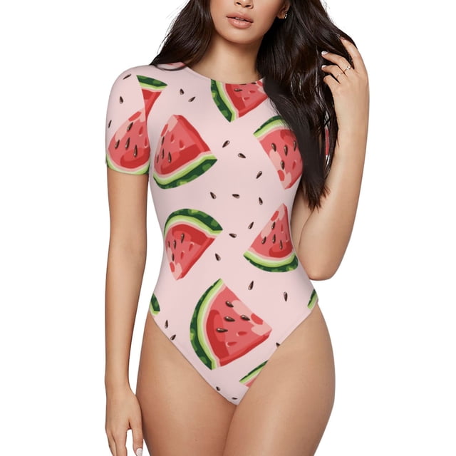 Saiise Grenouillère à Manches Courtes pour Femmes Motif Melon D\'eau Dessiné à la Main Pyjama Col Rond Justaucorps Extensible avec Fermeture à Pression-Grand