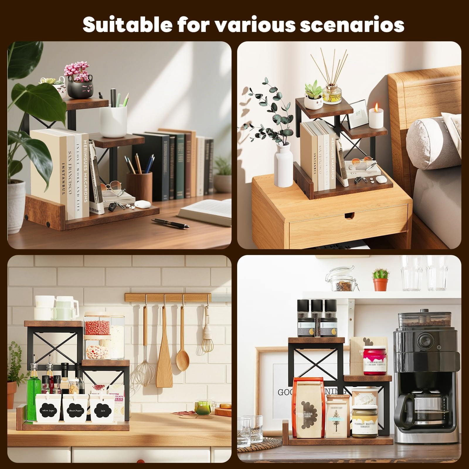 3-Tier Wood Desk Shelf Organizer Riser, 12.6 Inch Compact Desktop Hutch Storage Display Stand Set