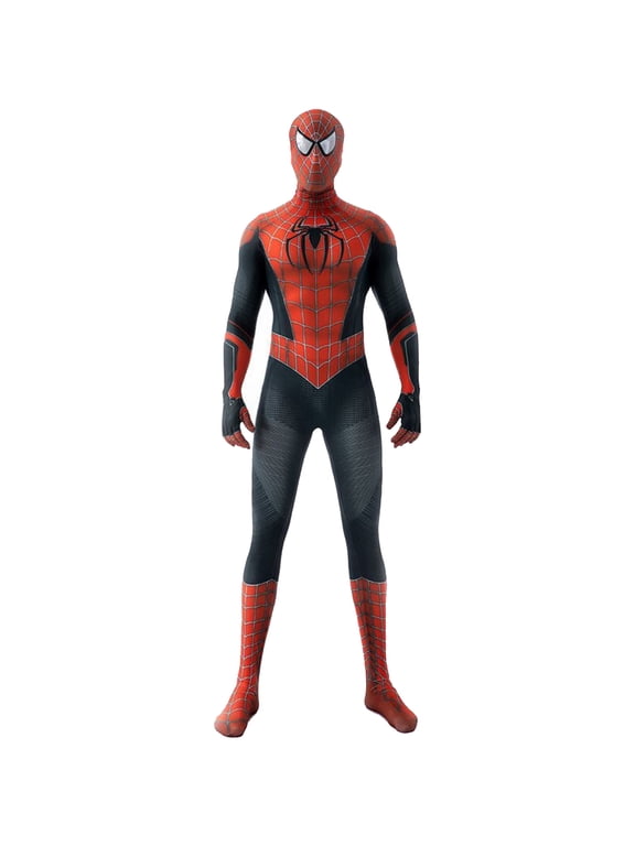Red Black Spider Hero Bodysuit Textured Mesh Cosplay Outfit for Men Women Halloween Party