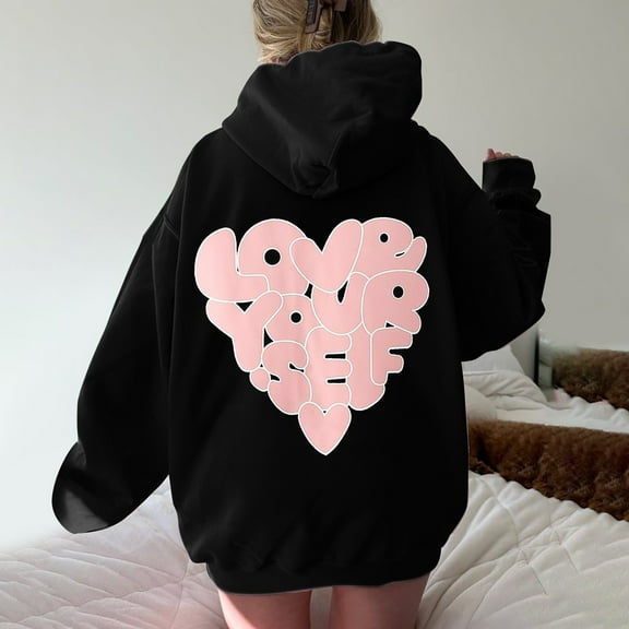 Sale Clearance 2024 Black Zip up Hoodie Women Women's Long Sleeved Zipperless Back Love Your Self Printed Hoodie