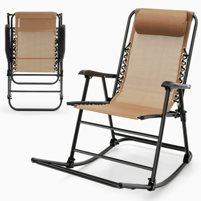 Patiojoy Foldable Rocking Chair Zero Gravity Lounge Rocker with Headrest Outdoor Portable Rocker Beige