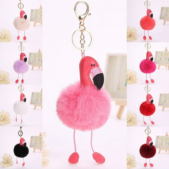SPRING PARK Cute Keychain Flamingo Ball Fluffy PU Leather Key Rin Key Chain for Kids