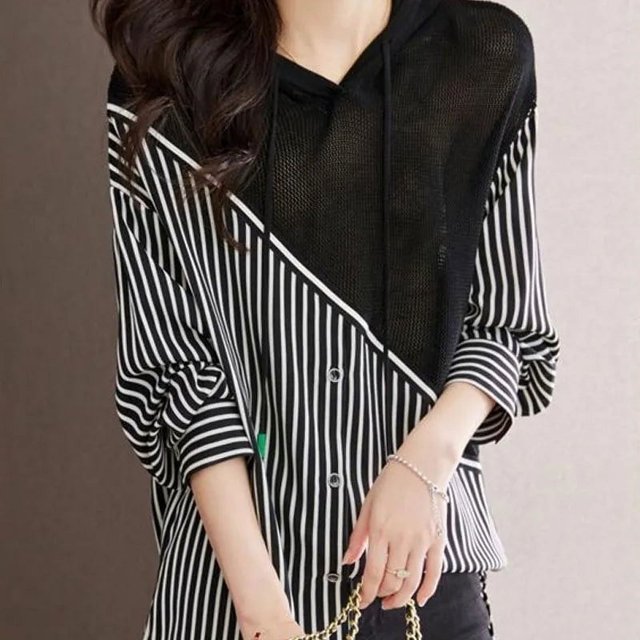 Street Striped Patchwork Knitted Shirt Female Clothing Hooded Drawstring Long Sleeve Loose Midi Blouse