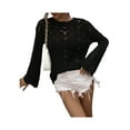 thumbnail image 2 of Qmyliery Women Trendy Hollow-Out Tops, Crochet Solid Color Crew Neck Long Sleeve Knitted Tops with Flare Cuffs for Ladies, S/M/L/XL, 2 of 9