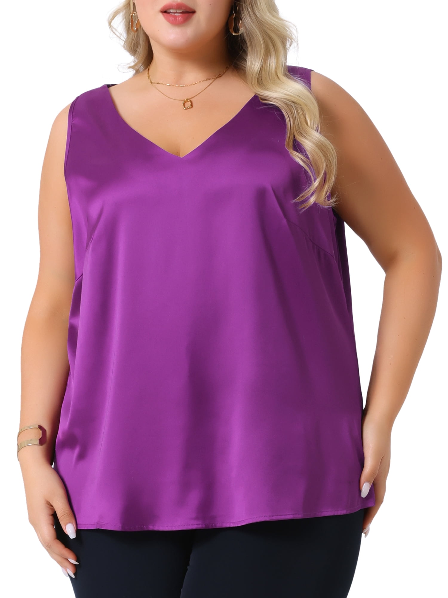 DARING DIVA Women's Plus Casual Silk Satin Tank Top V Neck Cami Blouse 1X Purple