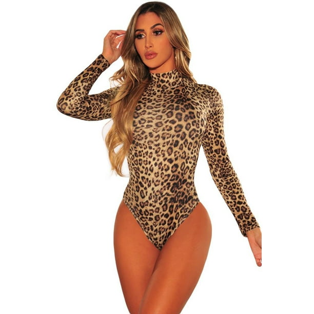 Women's Leopard Print Mock Neck Long Sleeves Bodysuit 