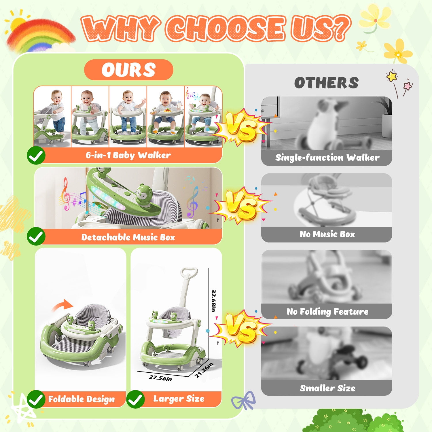 WonderStone 5 in 1 Baby Walker, Foldable Push Walker with Wheels, Music & Light, Baby Bouncer, Baby Activity Center for Boy Girl 6-12 Months (Green)
