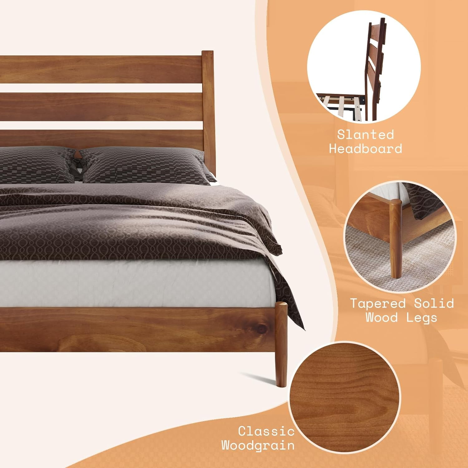 VanAcc Queen Size Solid Wood Bed Frame, Platform Beds with 45"H Headboard, Easy Assembly, Caramel