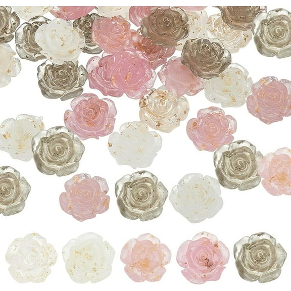 50 Pcs 5 Color Flower Cabochons 25mm White Pink Rose Pendants Transparent Flat Back Loose Beads Flower Shape Charms with Gold Foil for DIY Jewelry Making and Crafting