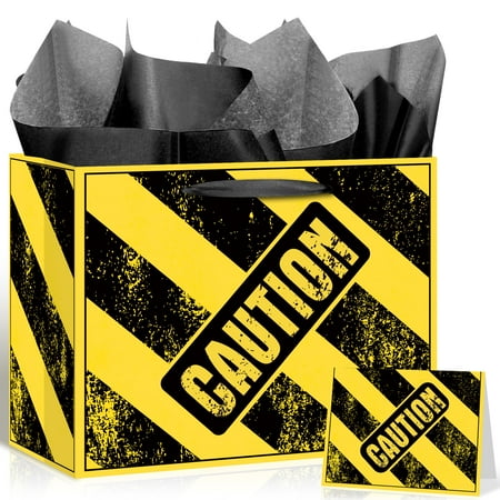 Construction Party Favor PriNst Bags for Boys Kids Yellow Stripe Gift Bag with Tissue Paper Card Caution Warning Tape Wrapping Paper Goodie Candy Treat Gift Bag for Theme Bday Party Supplies