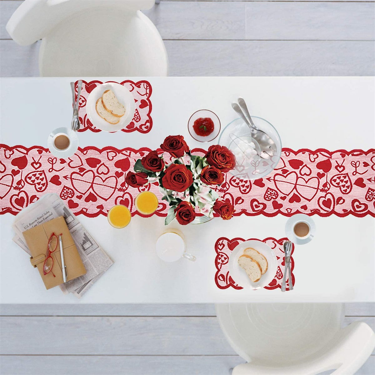 Oarencol Red Heart Flower Table Runner Valentines Florals 13x90 inch Table Cover for Kitchen Party Holiday Dining Home Everyday 