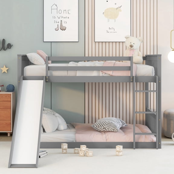 Leavader Full over Full Bunk Bed with Slide and Ladder in Grey, Low Loft Kids Bunk Bed Frame with Guardrails, No Box Spring Needed,Not Include Mattress