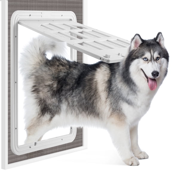 Large Dog Screen Door, 13 x 17 inches Flap Opening Dog Door for Screen Door with 4 Entry Ways, Magnetic Self-Closing Pet Screen Door for Dogs Cats, White