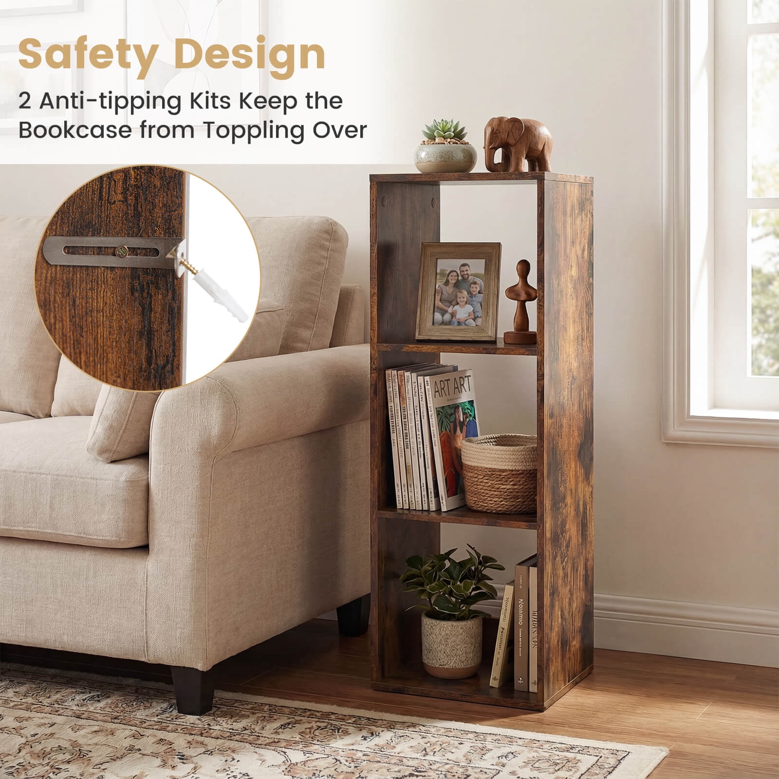 Costway 3-Cube Bookshelf,Modern Vertical Bookcase with Back Guardrail & Anti-tipping Kits Coffee
