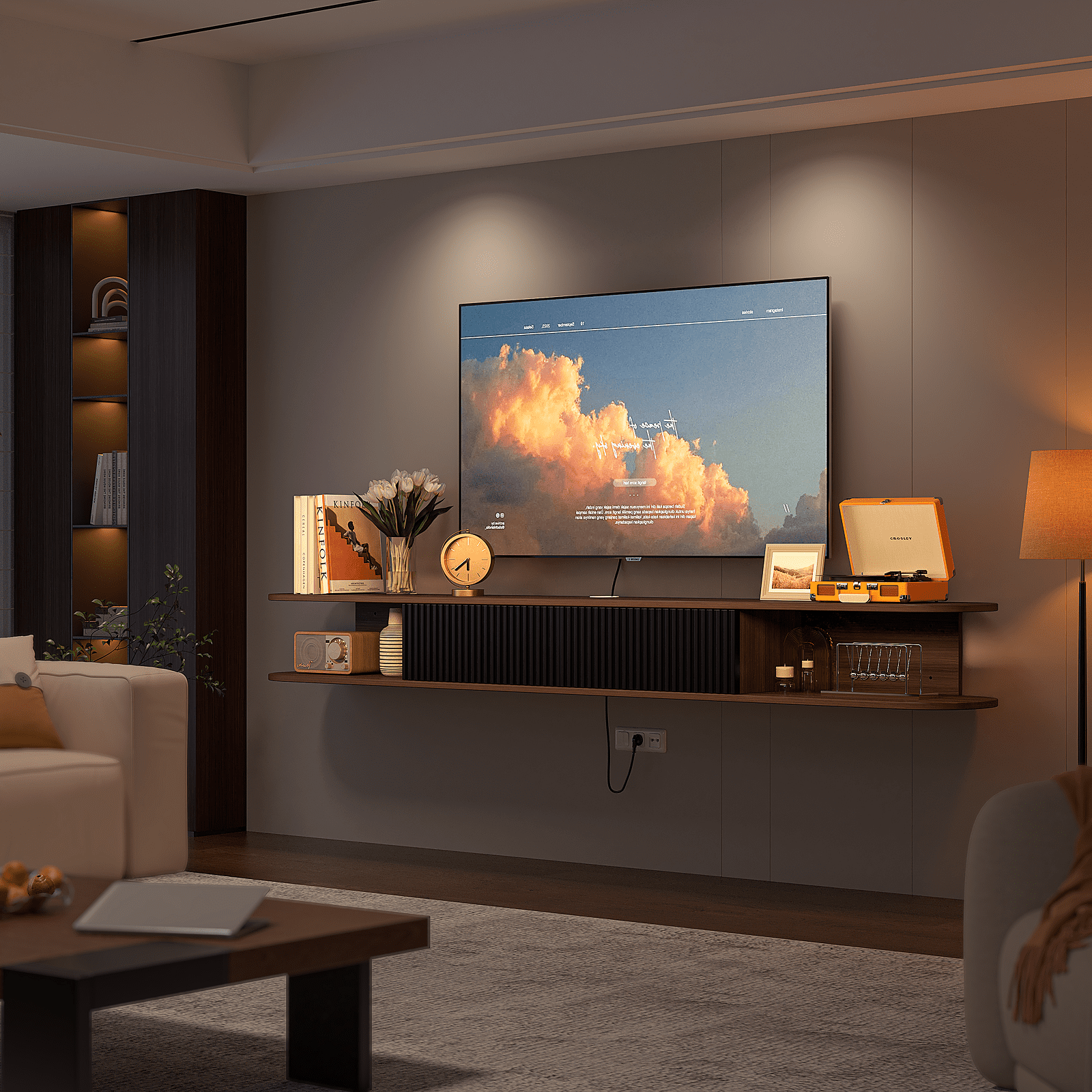 ​​FloatiCasa 78" Floating TV Stand Wall-Mounted Entertainment Center with 2 Doors and Vertical Groove Design for TVs up to 78" for Living Room and Bedroom, Walnut​​ and Black