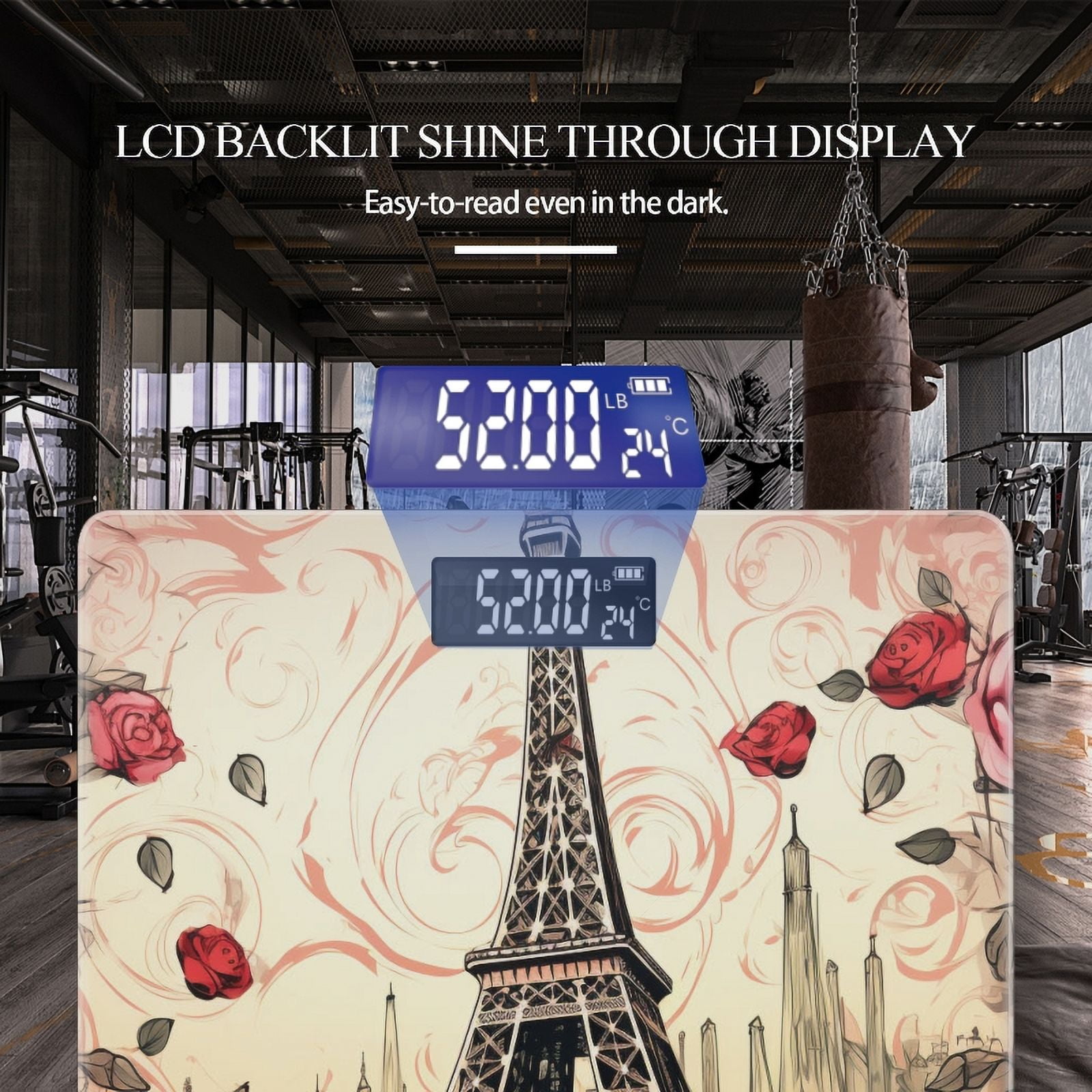 High Precision Body Weight Scale Smart Bathroom Scales with Large LCD Display(400lbs),Decorative for Bedroom-Eiffel Tower Surrounded By Red Roses With Romantic Paris Background