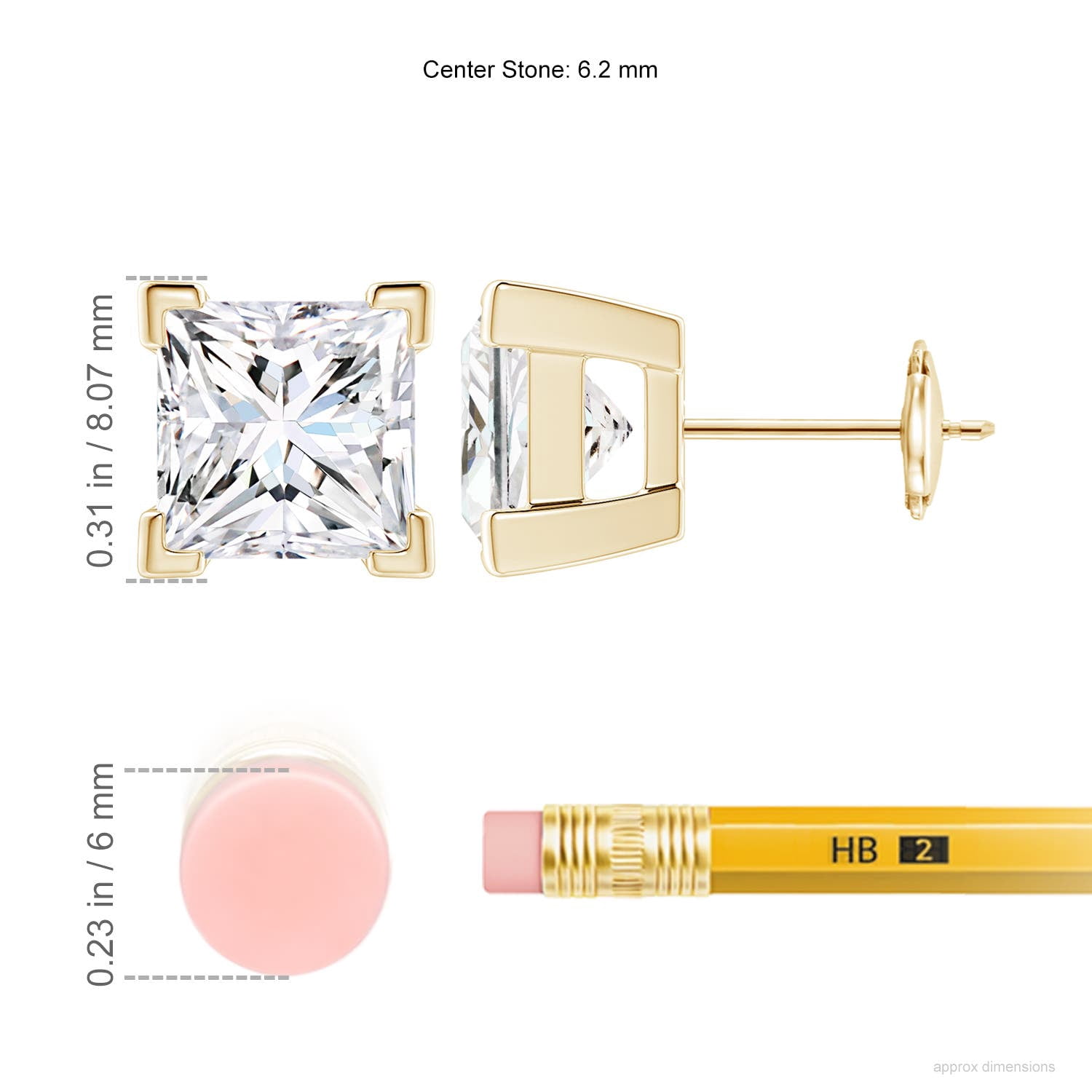 Angara Earrings - Natural Princess Cut 3 ct Diamond Solitaire Stud Earrings in 14K Yellow Gold for Women | April Birthstone Jewelry, Birthday, Anniversary, Jewelry Gift for Women