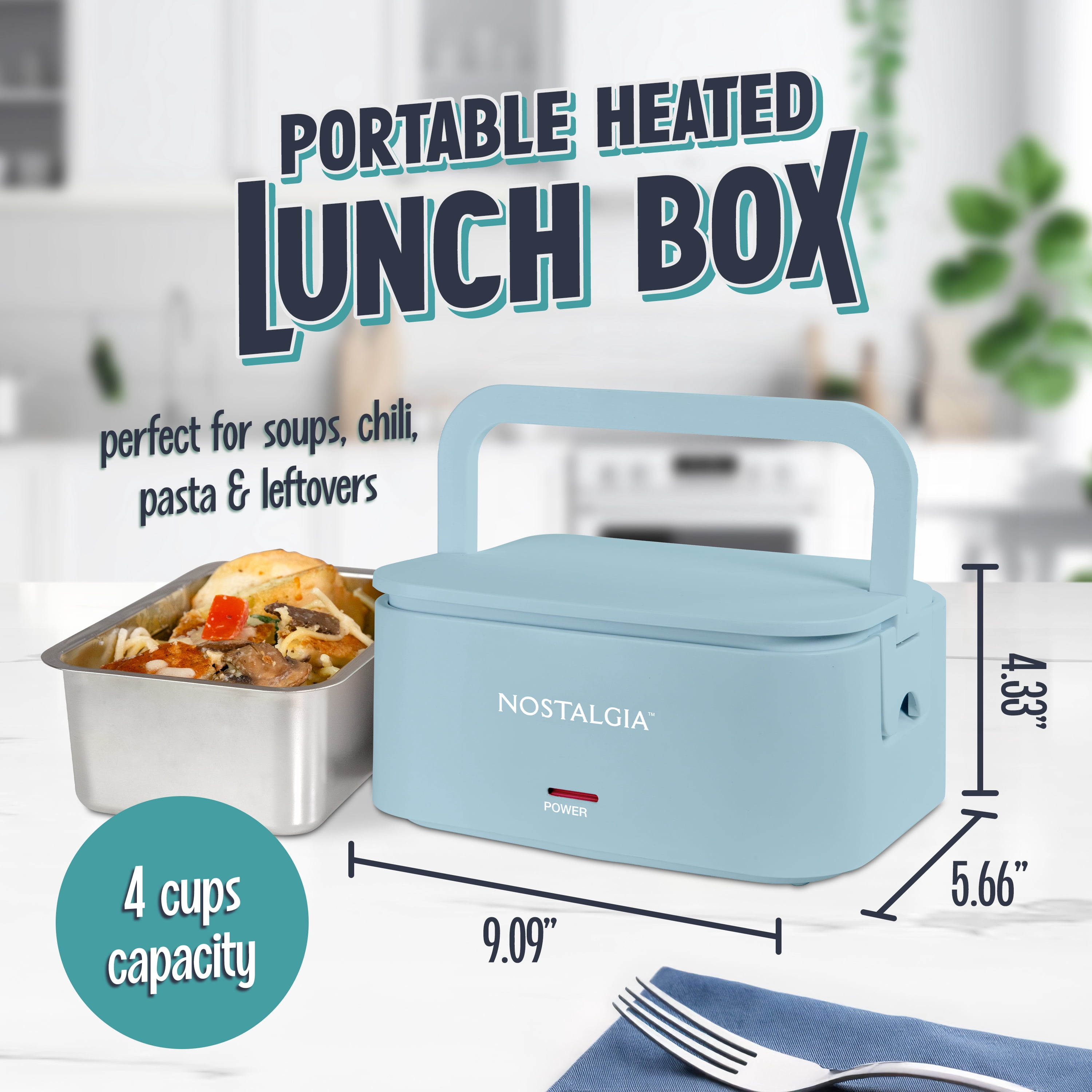 Nostalgia 32 oz Portable Heated Lunch Box with Stainless Steel Lunch Container, Chambray