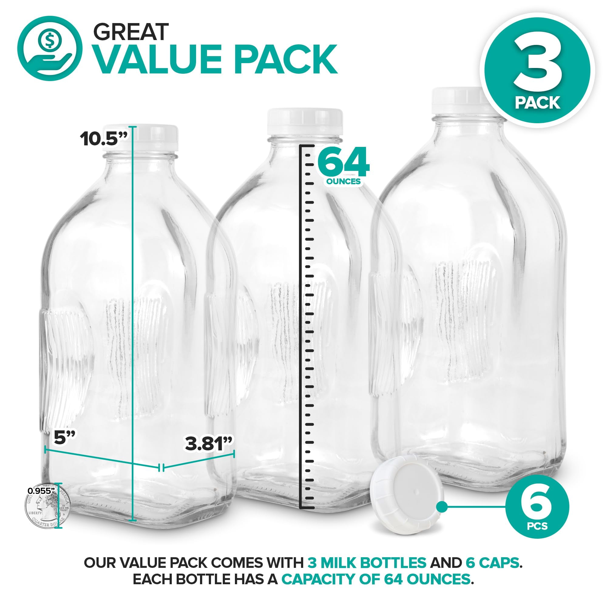Stock Your Home Half Gallon Glass Milk Bottle with Lid (3 Pack) 64 Oz Jugs and 6 White Caps, Reusable Food Grade Milk Container for Refrigerator, Bottles for Juice, Oat or Plant Milks, Water, Honey