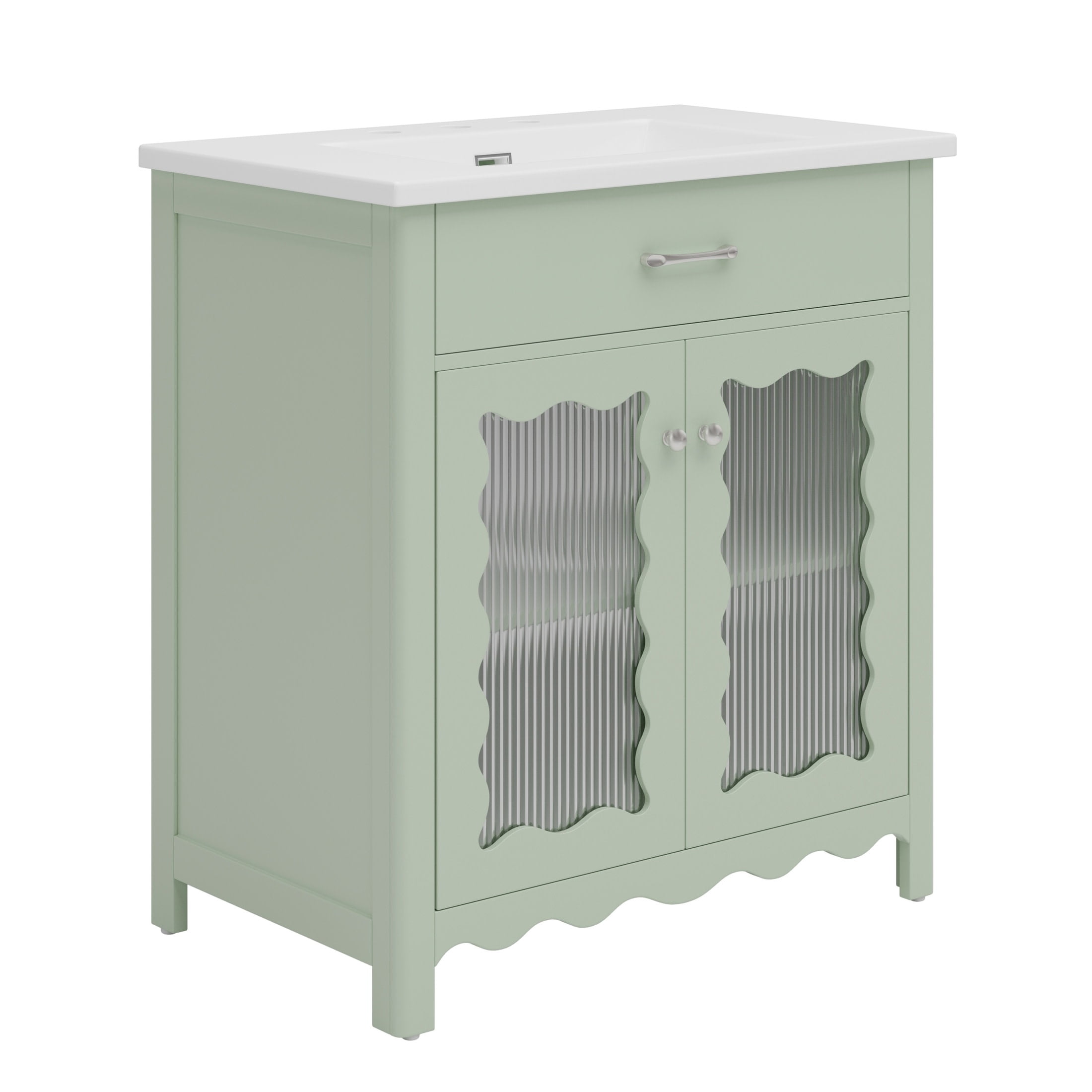 Christopher Knight Home 31" Modern Bathroom Vanity, Tempered Glass Cabinet with Ceramic Sink, Green