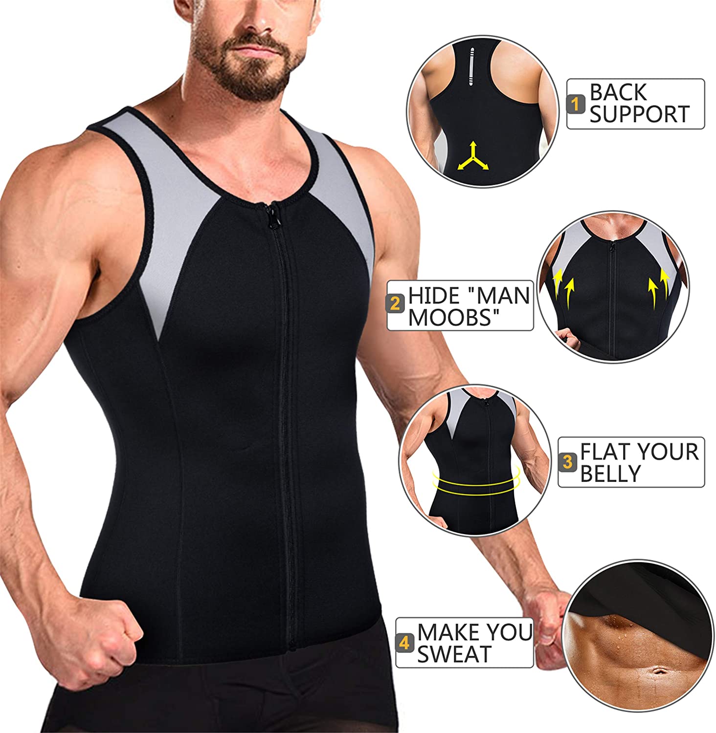 Nebility Men Sauna Sweat Vest Waist Trainer Zipper Workout Tank Top Body  Shaper(Black Large)