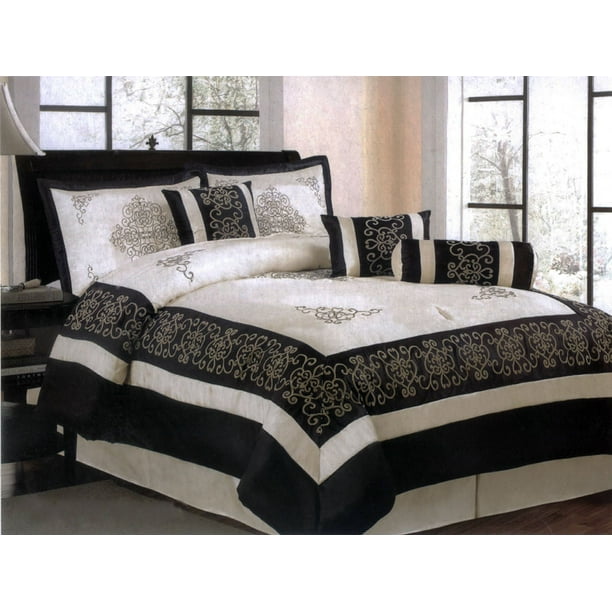 7Pieces Satin Flocking Royal Floral Comforter Set Ivory Black Bed in a