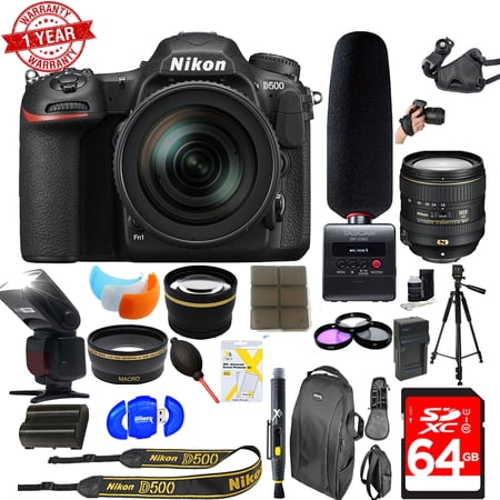 Nikon D500 20.9 MP CMOS DX Format Digital w/ AF-S 16-80mm VR Lens + Tascam Audio Recorder and Shotgun Microphone 64GB Accessory Bundl