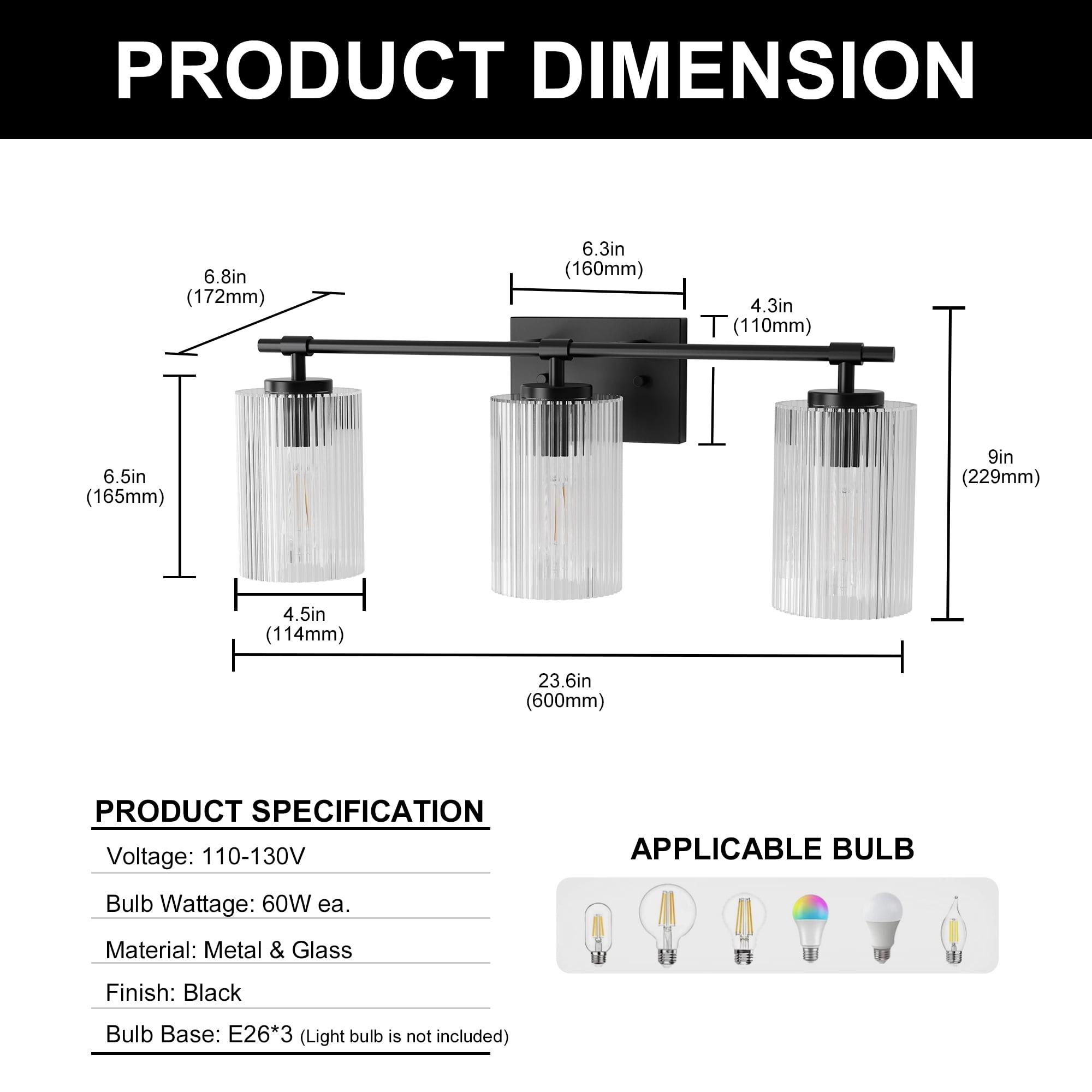 YANSUN 24 in 3-Light Black Vanity Light with White Cylinder Glass Shades for Bathroom, Mirror, Vanity Area