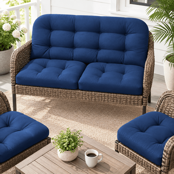 Blue 3-Piece Outdoor Wicker Chair Cushion Set For Patio Loveseat And Dining Chairs