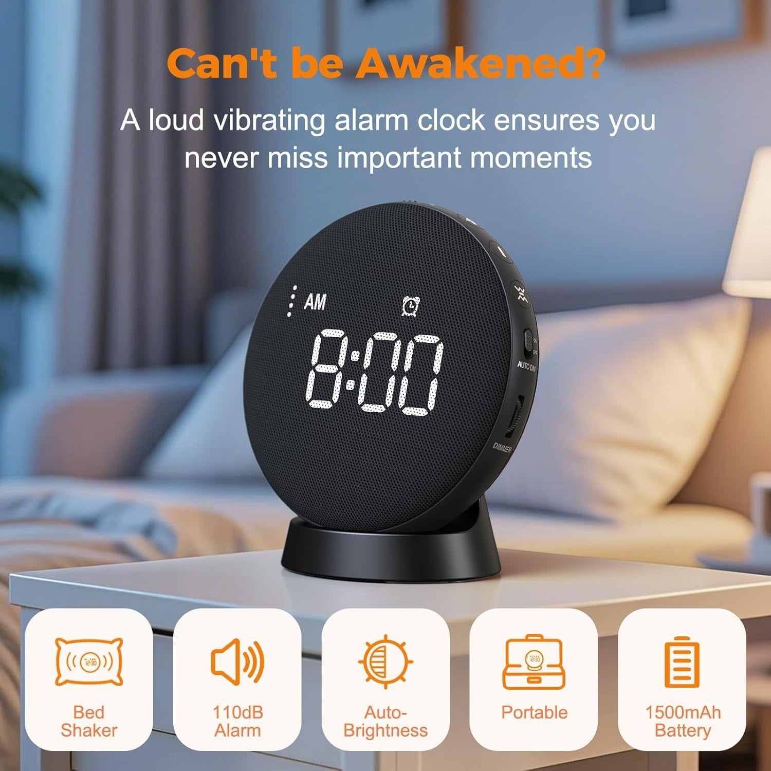 Loud Vibrating Alarm Clock for Heavy Sleepers - 110dB, 3 Wake Modes,  Rechargeable Battery, Auto-Dimming