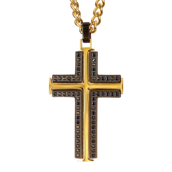 Mens Black And Gold Plated Stainless Steel Cross Pendant With Black Cubic Zirconia