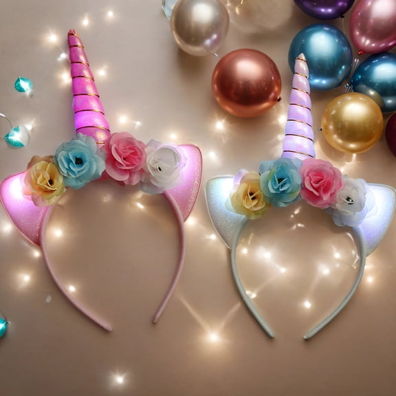 4 Pieces LED Unicorn Headband, Girls Glitter Unicorn Horn Ears Flower Headband, kids Head Bands Hair Accessory for Unicorn Theme Birthday Party Favor Supplies