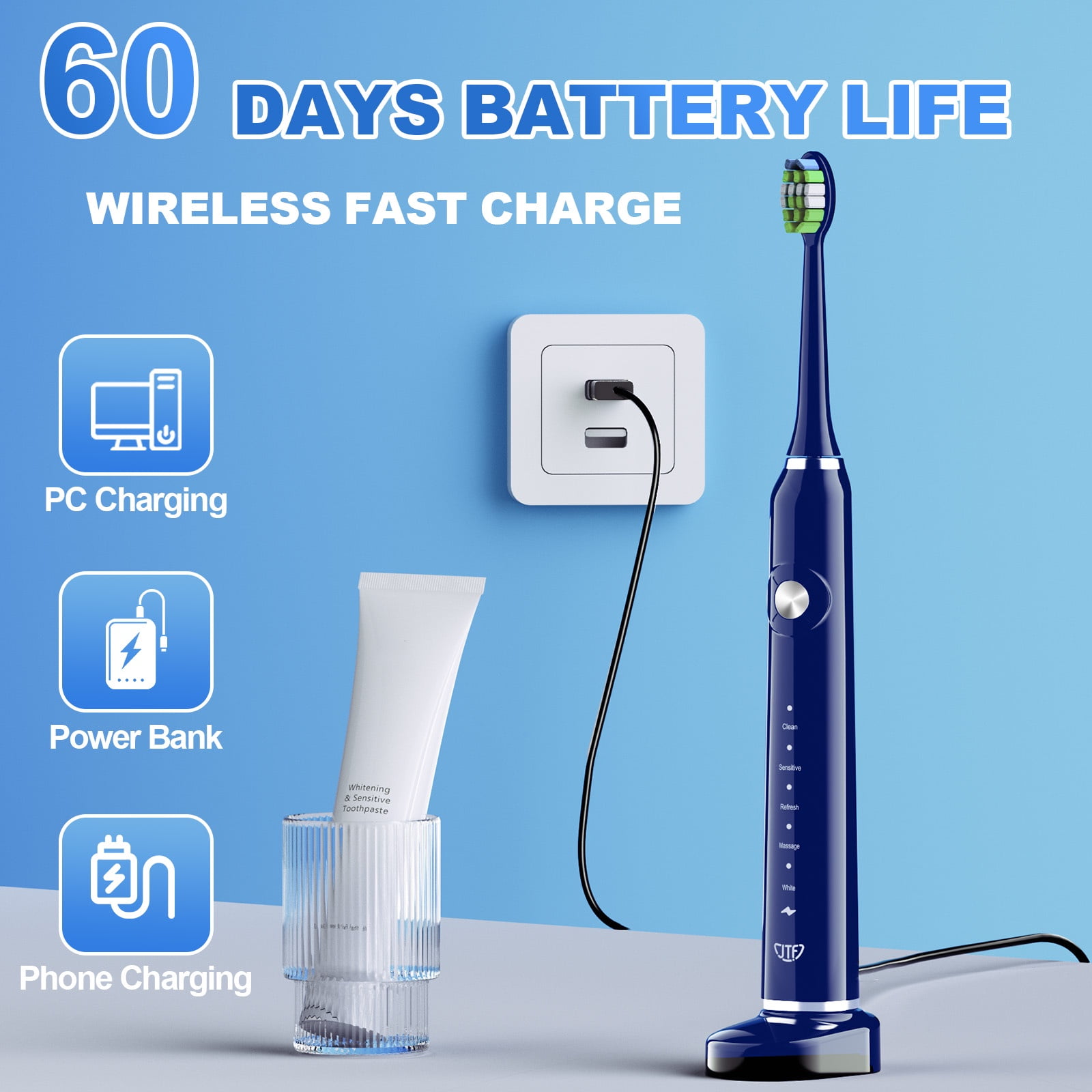 JTF Sonic Electric Toothbrush for Adults and Kids with Travel Case and 6 Brush Heads, 5 Modes 40000 VPM Rechargeable Power Toothbrush with Wireless Charger, IPX7 Waterproof 60-Day Battery Life, Blue