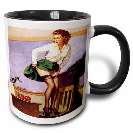 

3dRose Print of Elvgren Pinup Teacher Jumps From Frog - Two Tone Black Mug 11-ounce