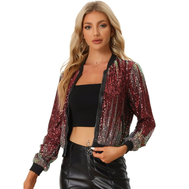 Disfraz de Navidad Allegra K Chaqueta de Lentejuelas Mujer Brillante Ombre Rojo S