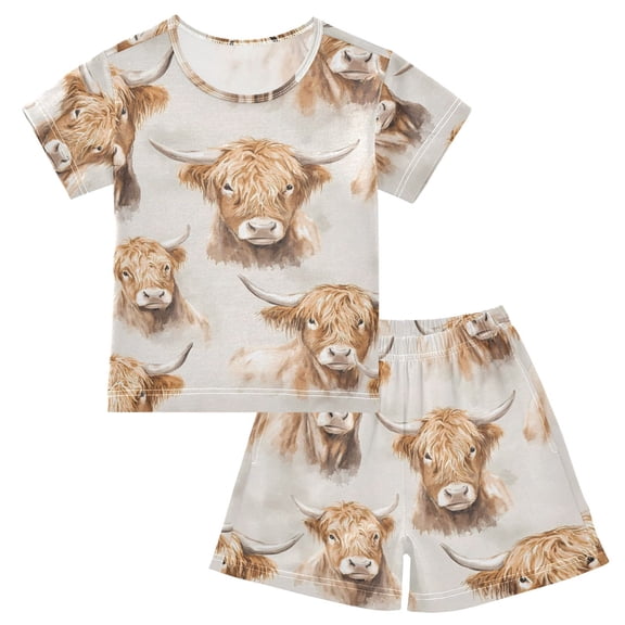 joogoo Highland Cattle Flower-w5 Pattern Pajama Sets Short Sleeve Cotton 2-Piece Sleepwear 10Y