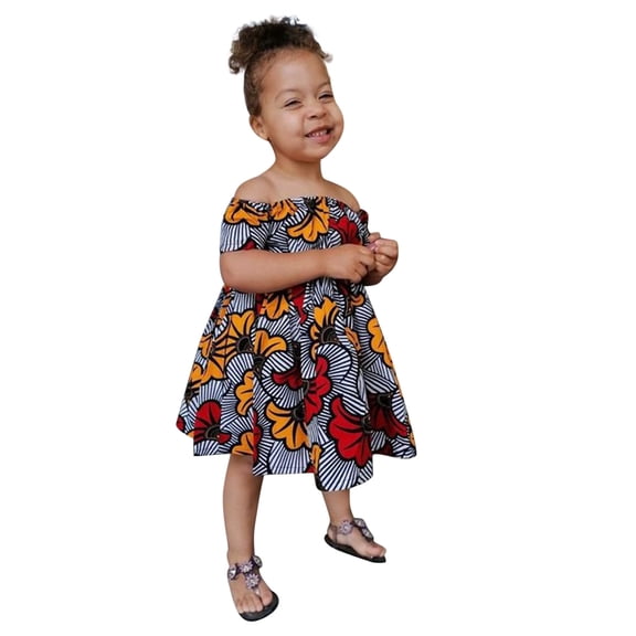 Mercatoo Toddler Baby Girls Ankara Dresses off Shoulder Kids Dashiki African Outfit Girls African Short Sleeve Dress