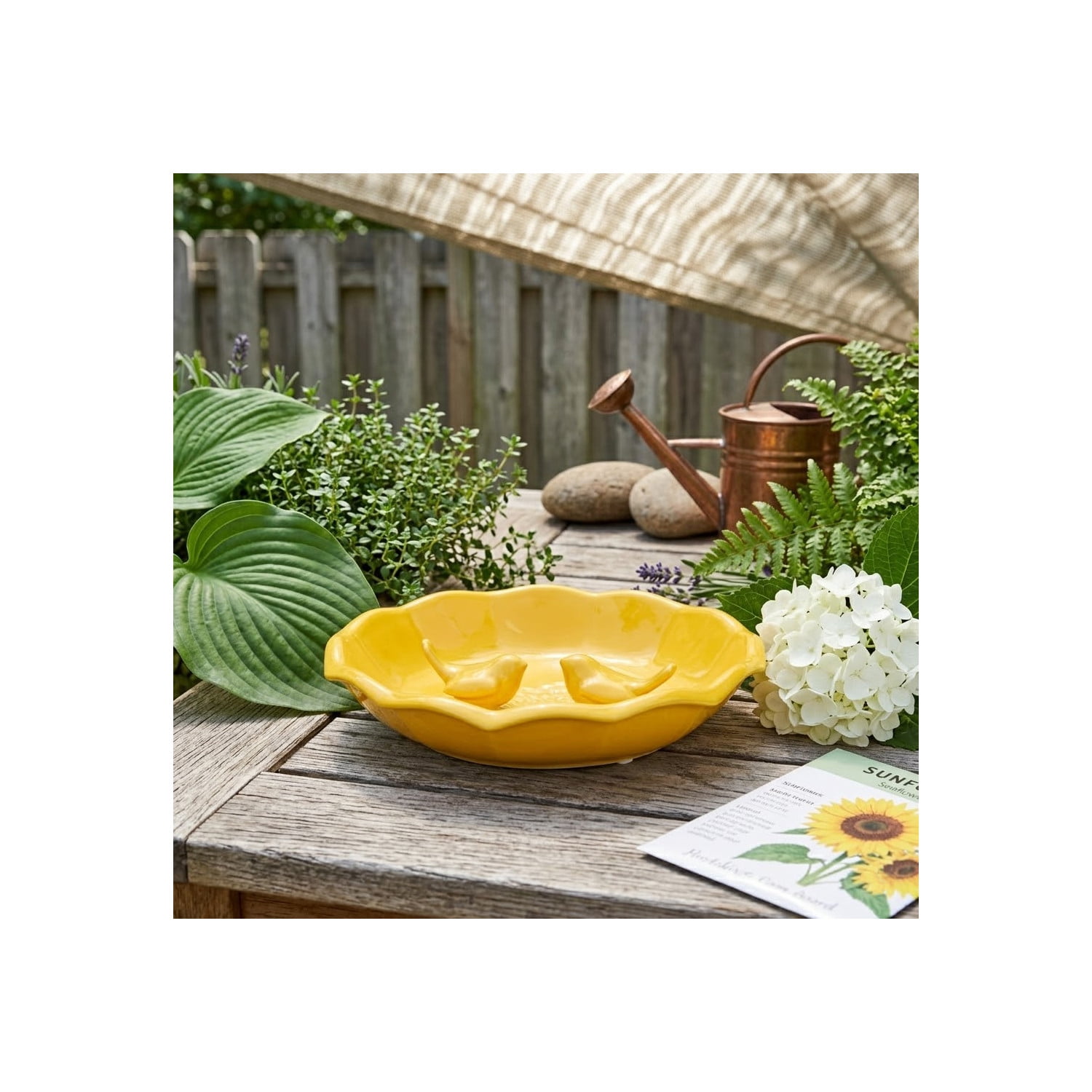 Ceramic Bird Feeder for Outdoors - Flower Bowl Bird Bath Style, Floor Bird Feeder for Garden and Yard Tabletop or Ground - Decorative Accent for Feeding Wild Birds in Outdoor Spaces - 2", Yellow