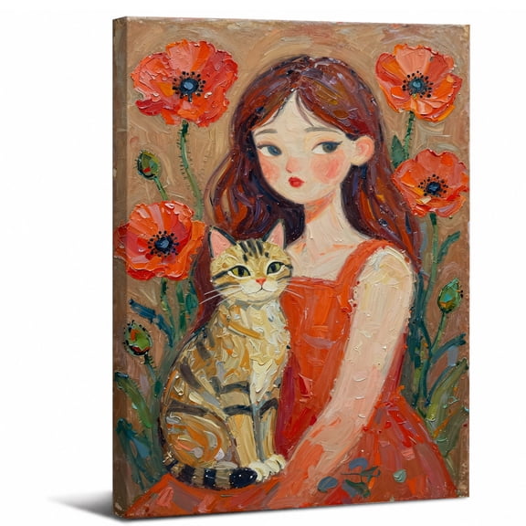 Girl and Tabby Cat Canvas Wall Art Framed Bathroom Decor,Cottagecore Girl Tabby Cat Poppy canvas print perfect for bathroom bedroom or living room