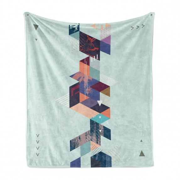 Abstract Soft Flannel Fleece Blanket, Modern Illustration of Vertically Placed Geometric Shapes and Arrows, Cozy Plush for Indoor and Outdoor Use, 50" x 60", Pale Blue and Multicolor, by Ambesonne