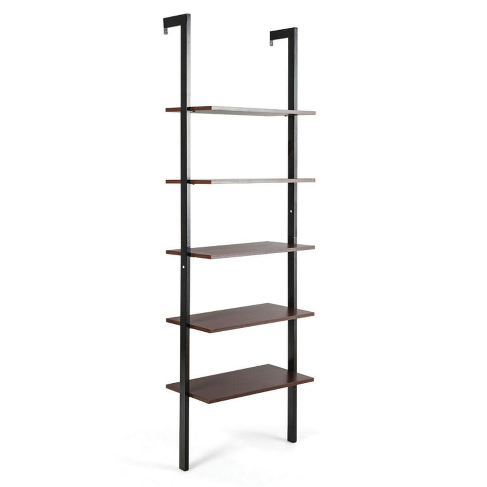Demi Bonn 5-Tier Wood Look Ladder Shelf with Metal Frame for Home, Multipurpose Open Bookshelf, Brown