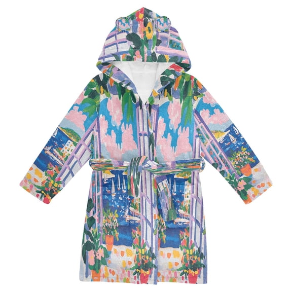 FORMRS Niños Bathrobe Unisex Hooded Robe Soft Plush Pajamas Sleepwear, Size 2-3T, Floral Window