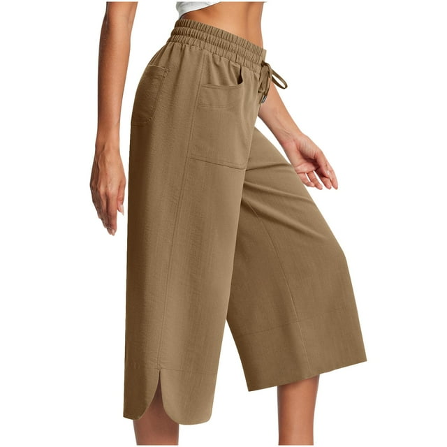 ameIAEA Womens Wide Leg Capri Pants Elastic Waist Drawstring Cropped Trousers with Pockets