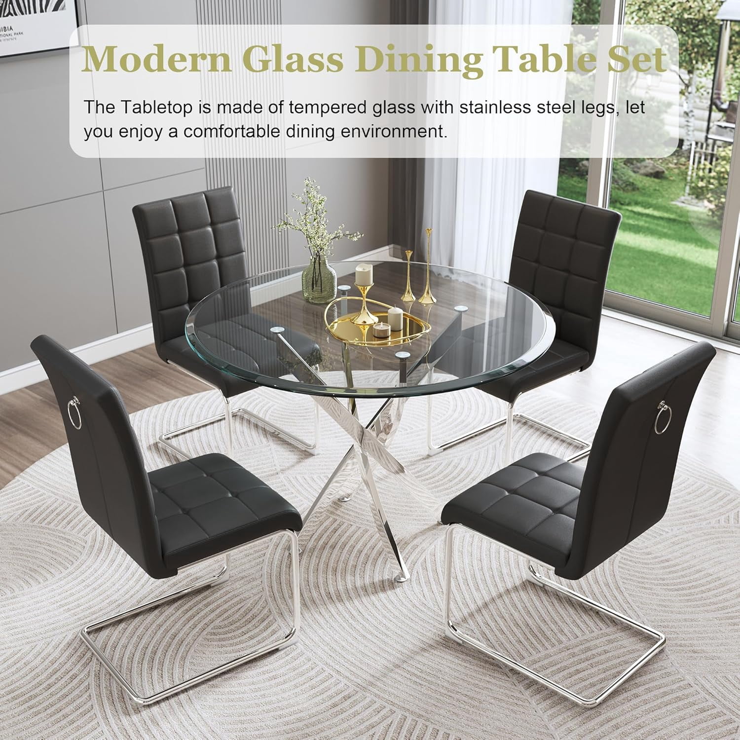 5-Piece 36" Round Glass Dining Set, Clear Tempered Glass Table & 4 PU Leather Chairs with Stainless Steel Legs for Kitchen, Meeting Room