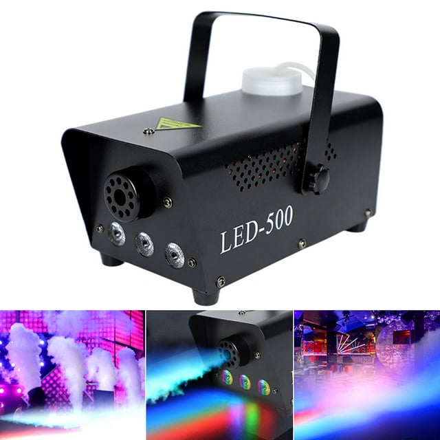 Amdohai Fog Machine Smoke Machine with LED Lights, a compact black fog machine with LED-500 branding, featuring three RGB LED lights for colorful smoke effects. The machine includes a fog nozzle and handle for portability. Additional images display vibrant fog and light effects in stage performances, bar parties, and private rooms. Suitable for creating atmospheric effects in live concerts and entertainment gatherings.