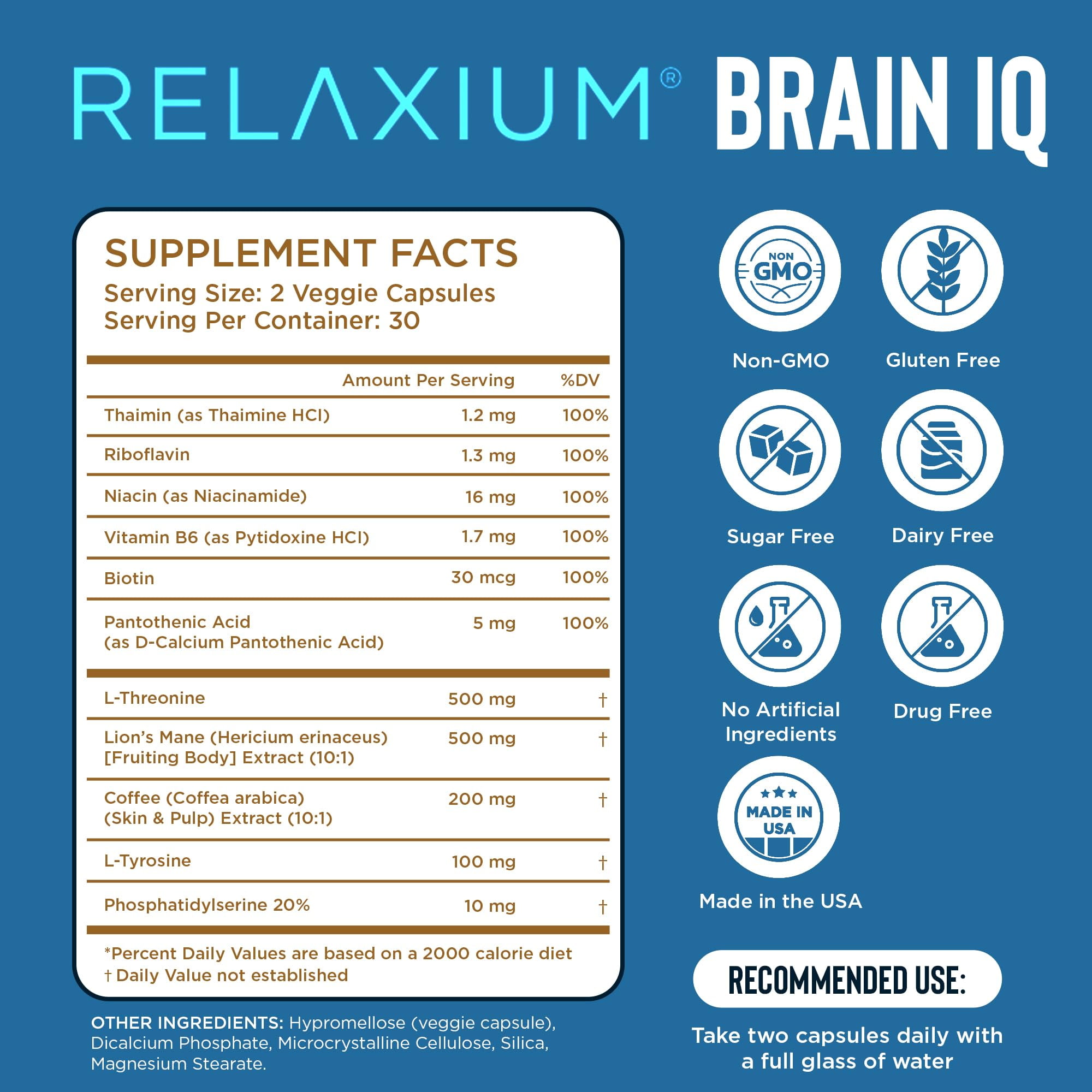 Relaxium, BrainIQ Nootropic Memory Supplement, 60 Capsules, Vegan