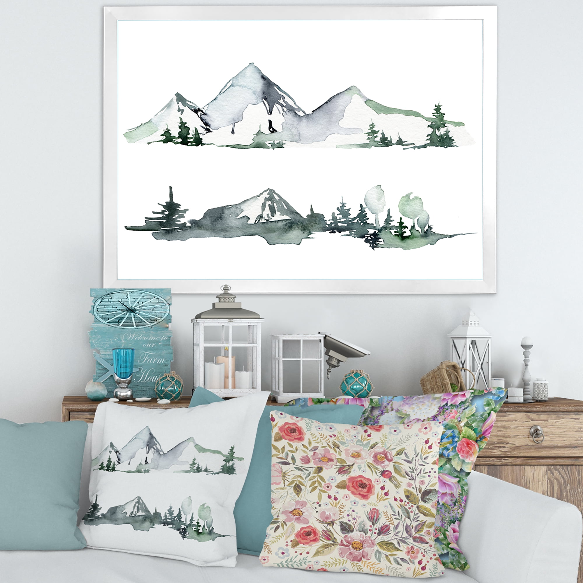 Designart 'Trees With Winter Dark Blue Mountain Landscape II' Modern Framed Art Print