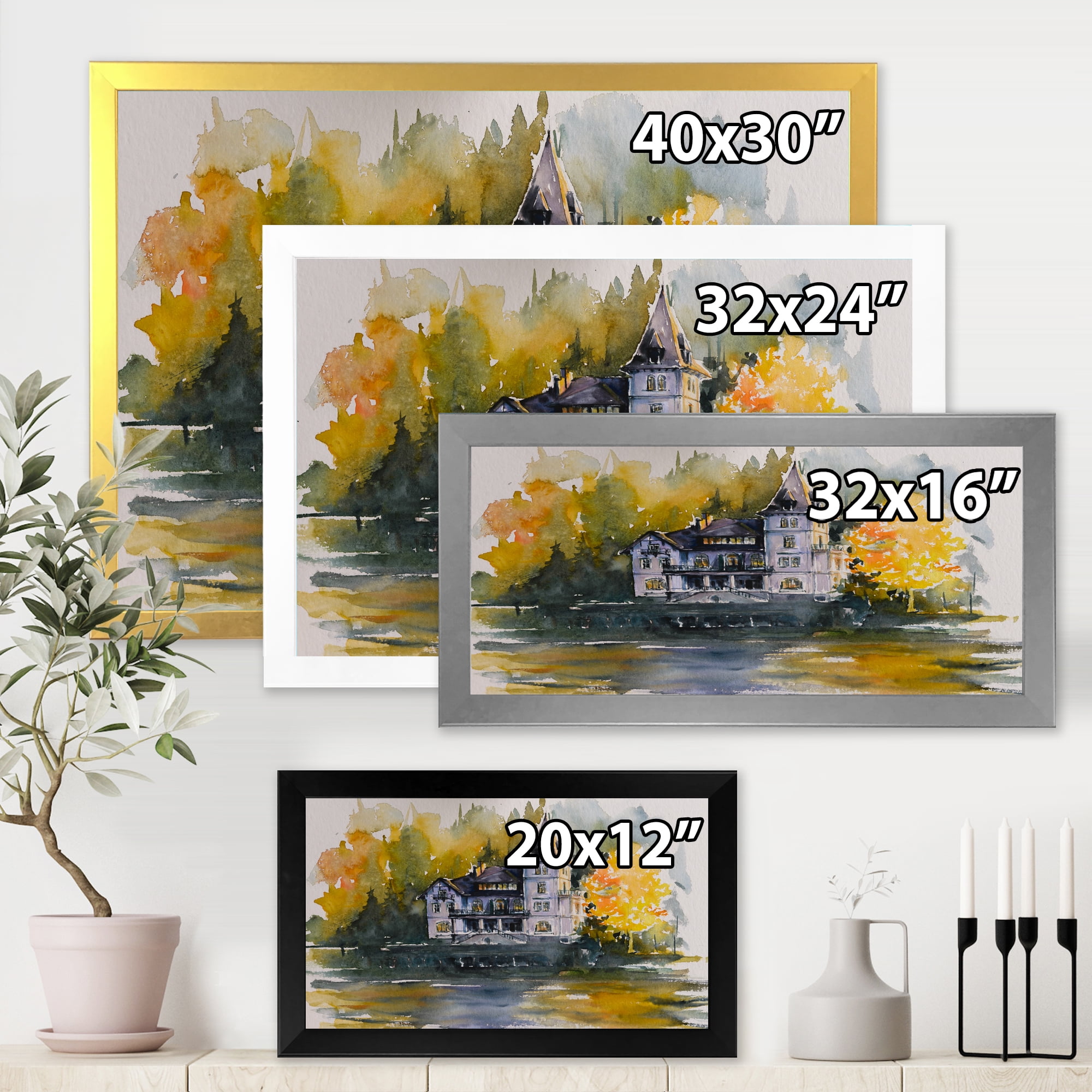 Designart 'Castle With Autumn Trees By The Lake' Lake House Framed Art Print